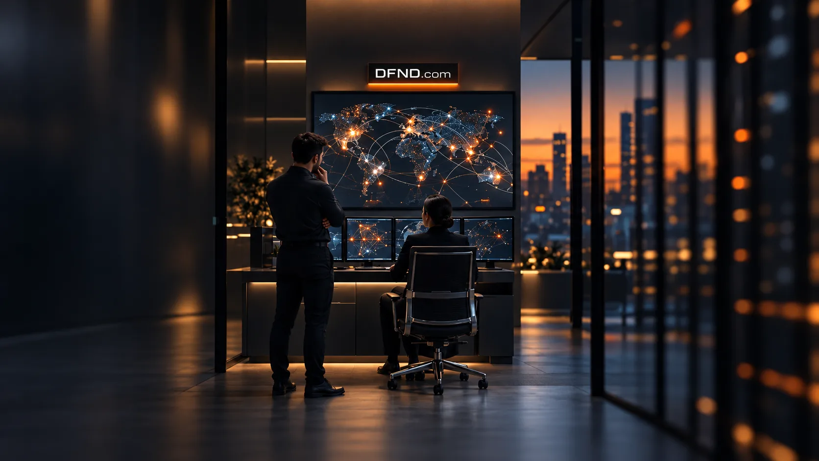 A dusk security operations room with an analyst standing and a colleague seated at a glowing network map beneath a small DFND.com sign.