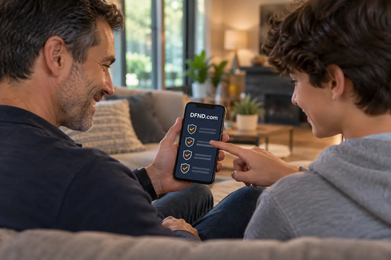 A person holding a phone displaying DFND.com while a family sits in the background.