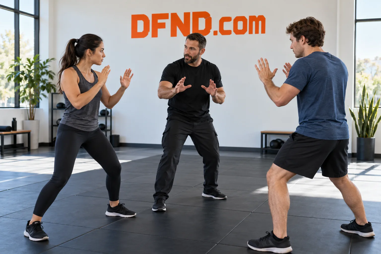 An instructor coaching an adult student on training mats beneath a DFND.com studio sign.