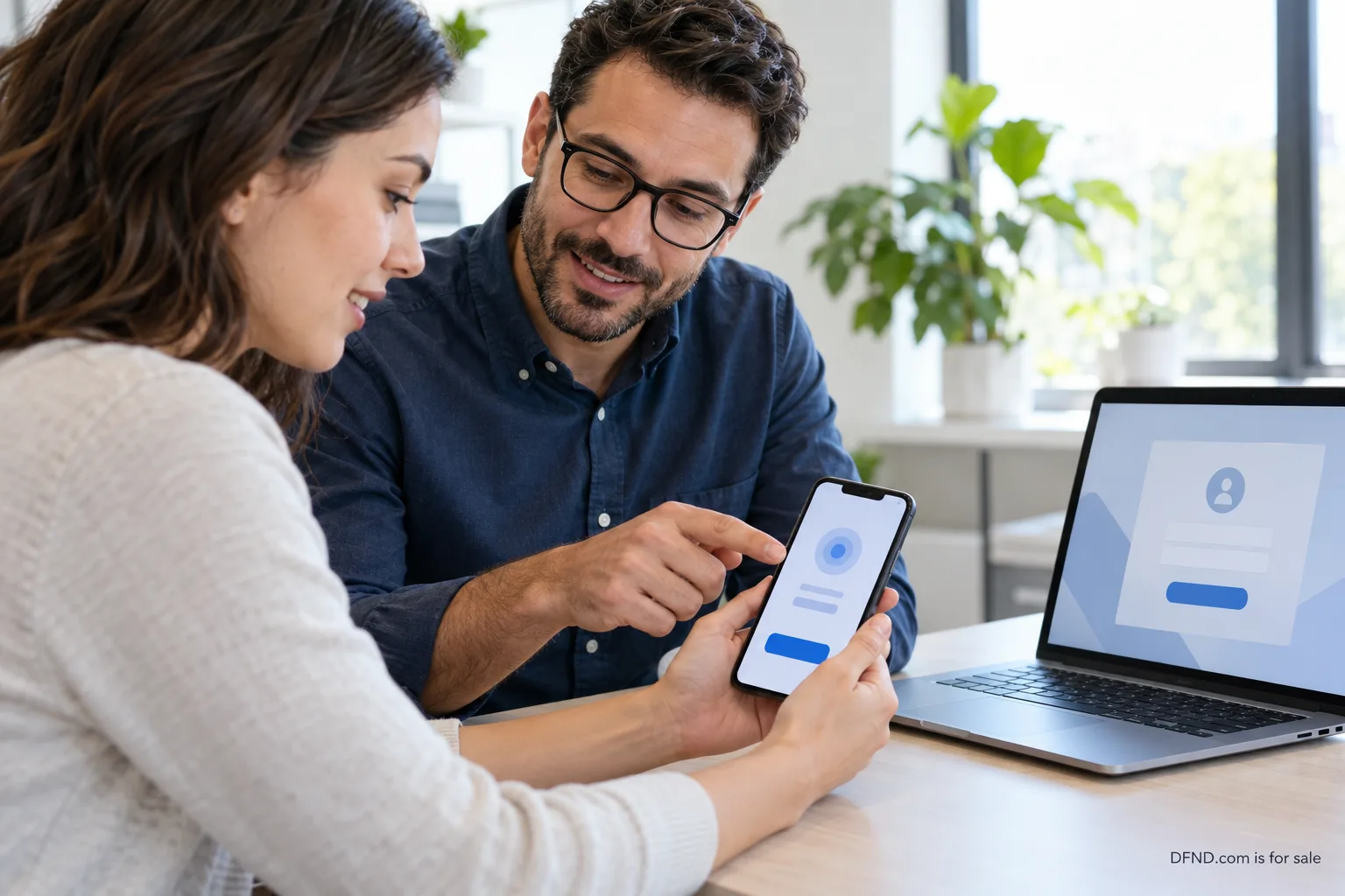 Two colleagues reviewing a multi-factor sign-in prompt on a smartphone in a bright office.